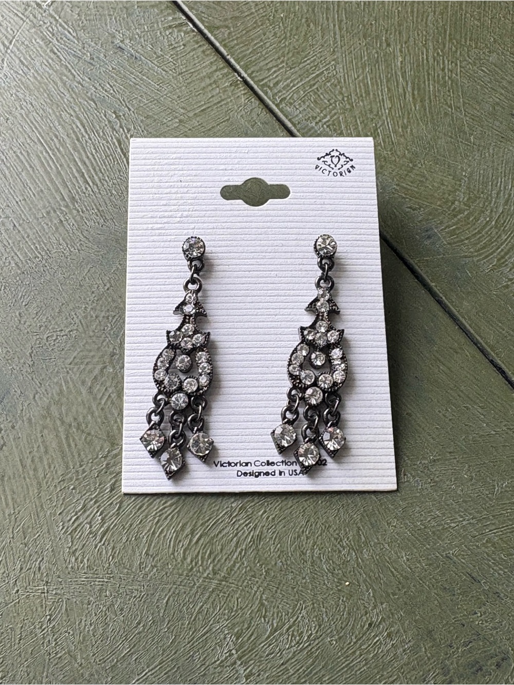 Gunmetal Crystal Drop Earrings - Silver Rhinestones